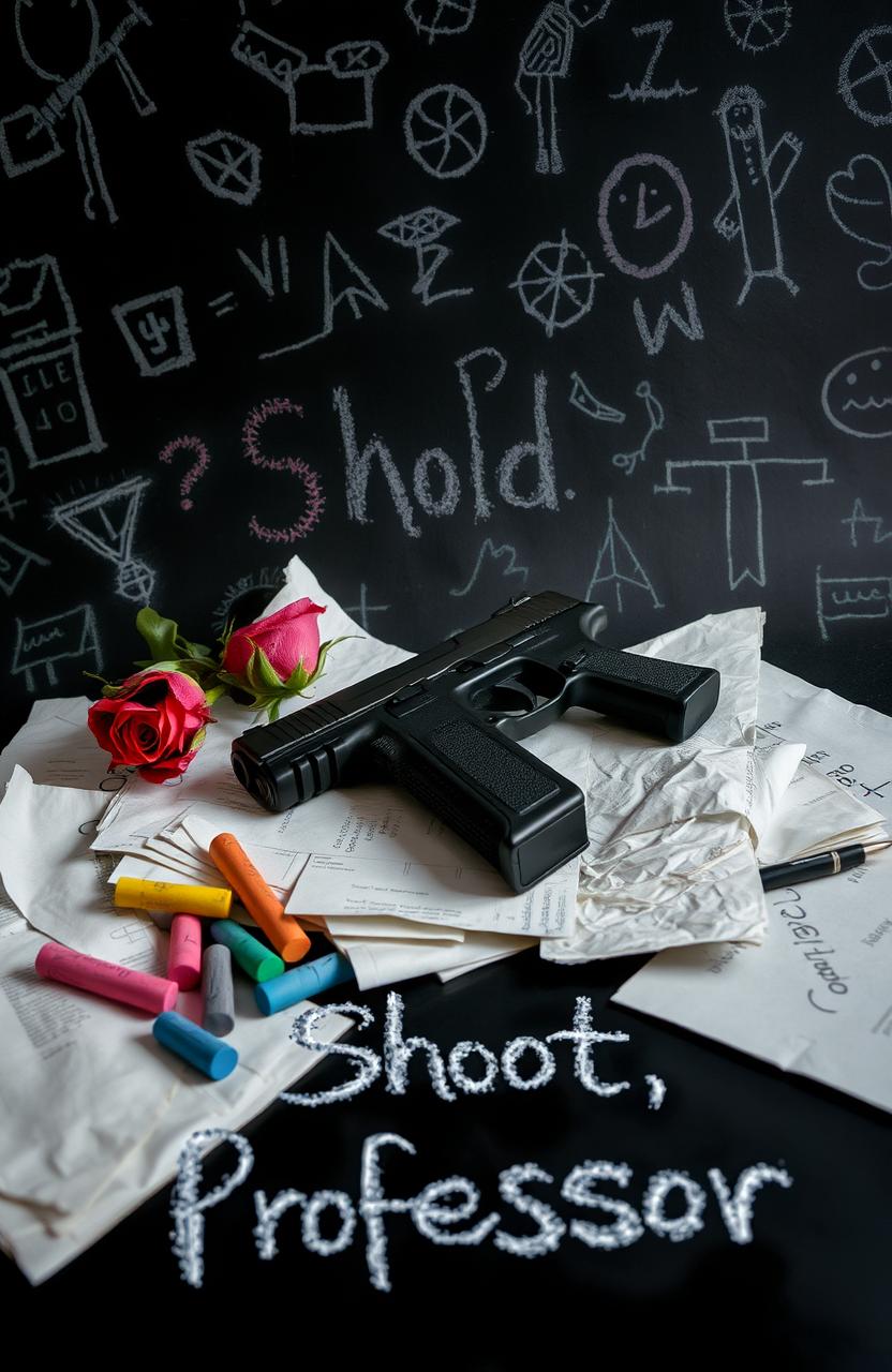 A blackboard-like background filled with random drawings and writings in chalk, creating a chaotic yet artistic feel