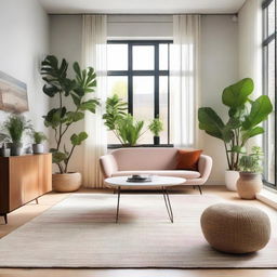 An airy, well-lit room with stylish modern furniture and lush indoor plants. The room has serene color palettes with pops of vibrant colors, a large window letting in natural light, and an aesthetic rug covering hardwood floor.