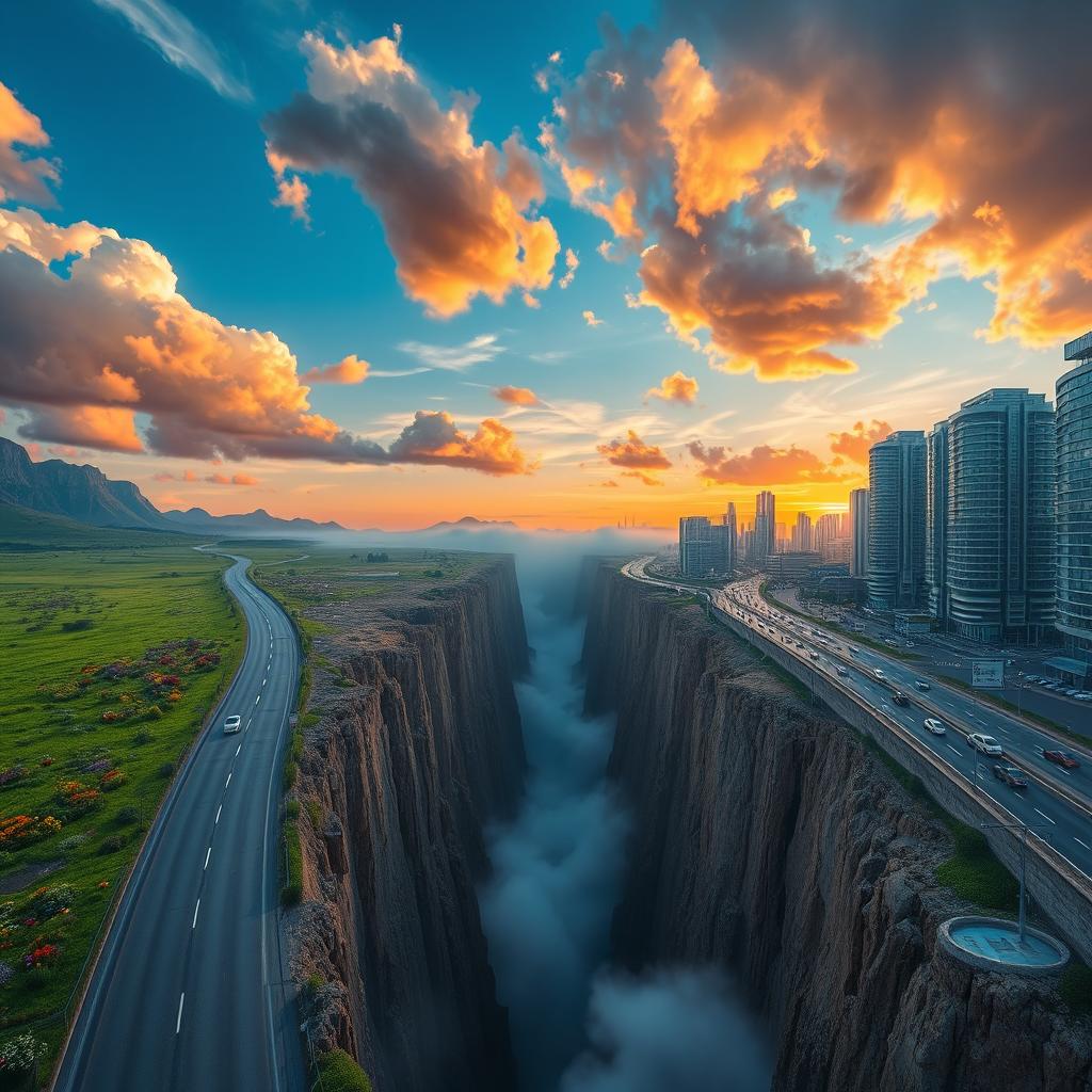 A surreal landscape featuring three distinct lanes: the left lane is rich with vibrant green grass and colorful flowers under a bright blue sky, the right lane is a bustling city street with modern skyscrapers and busy traffic, while the middle lane is an endless chasm that stretches infinitely into darkness, surrounded by jagged rocky edges and swirling mists rising from the depths