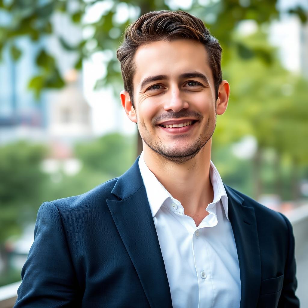 A professional portrait of a confident individual standing outdoors, wearing a smart dark blazer and a white shirt, exuding a sense of authority and approachability