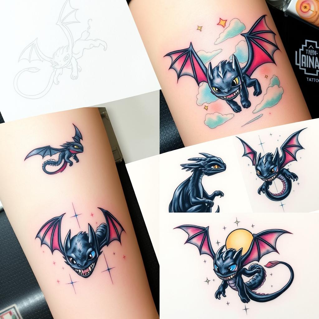 A collection of intricate Toothless tattoos, featuring various designs such as a minimalist outline of Toothless, a vibrant full-color depiction of him soaring through the clouds, and a detailed tattoo showing Toothless with his signature glowing blue eyes and sharp teeth