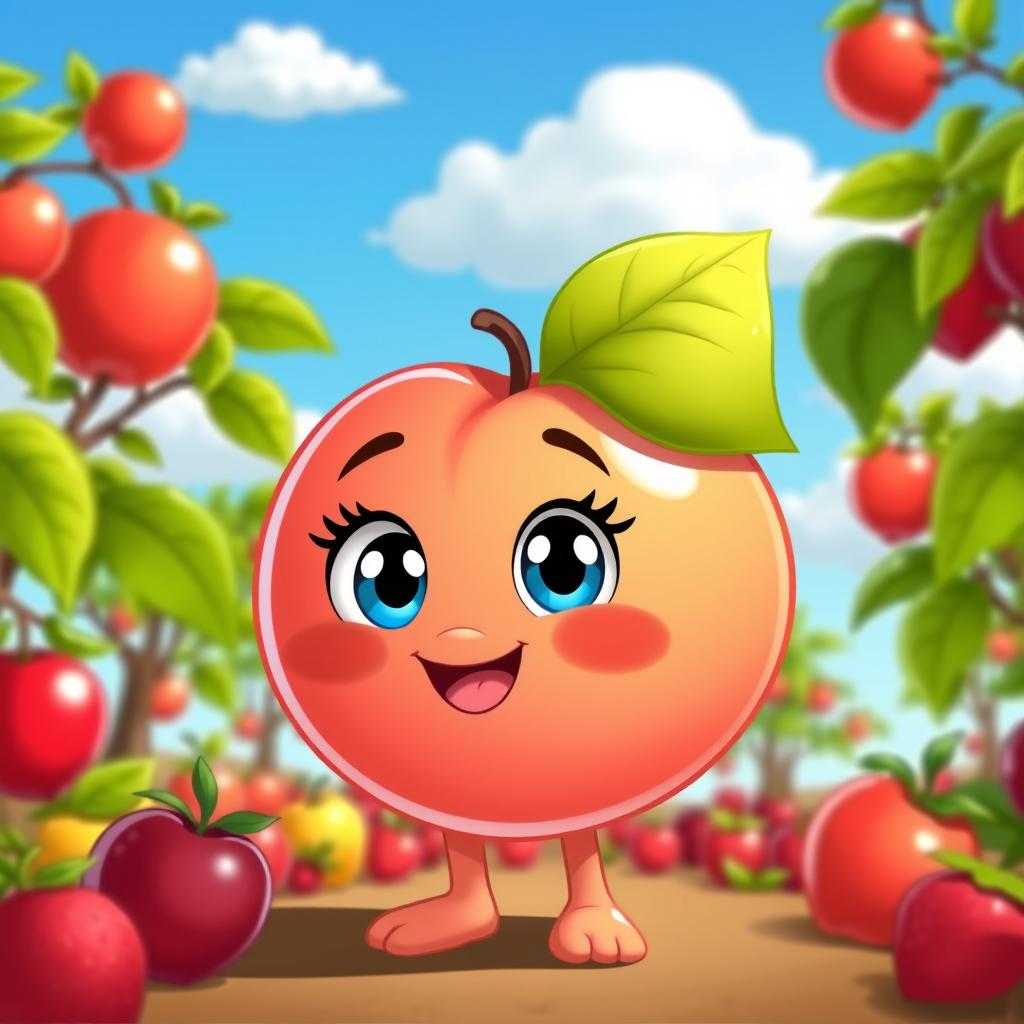 A cute, cartoon-style peach character with big, expressive eyes and a smiling face