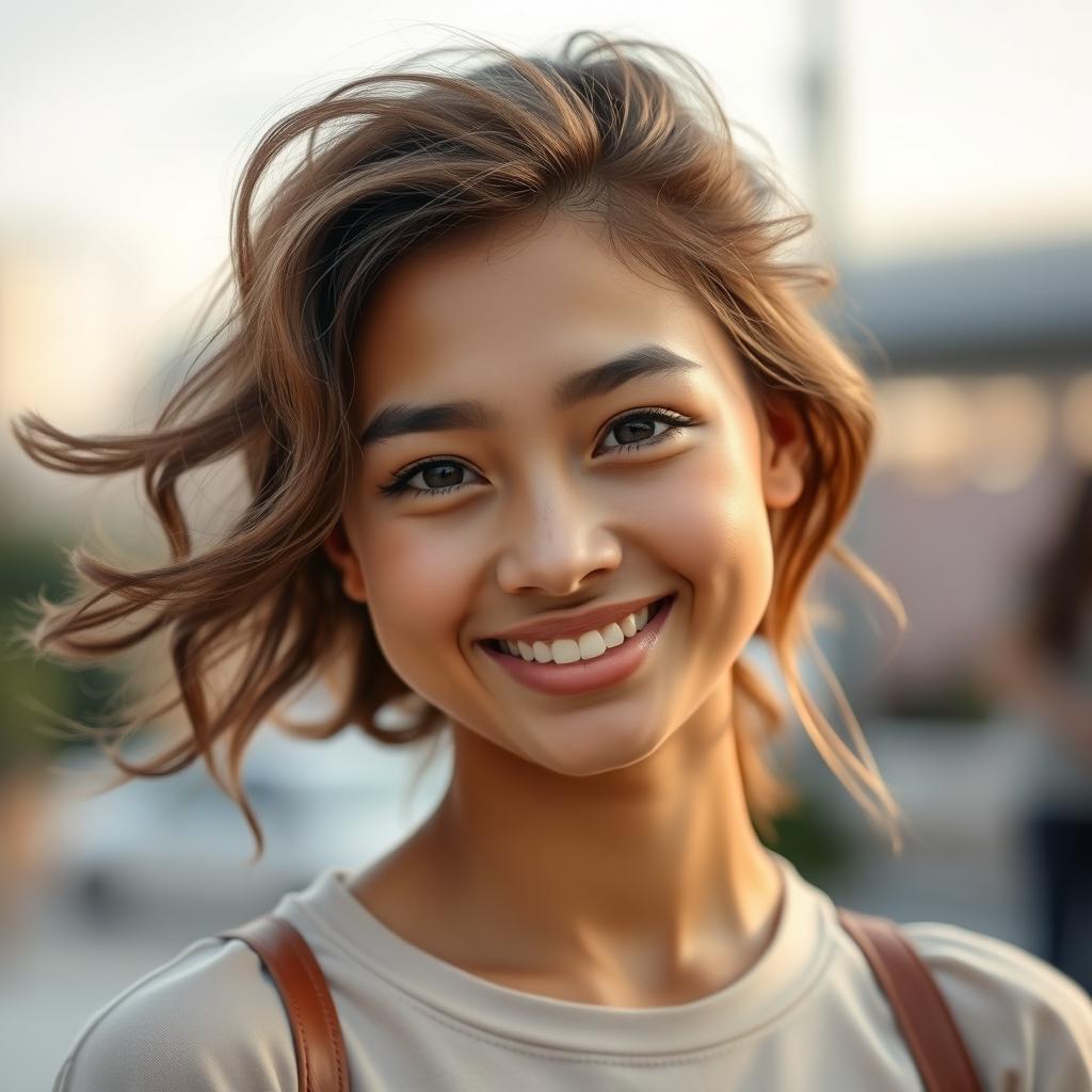 A portrait of a young woman with dazzling dimples on her cheeks, smiling brightly