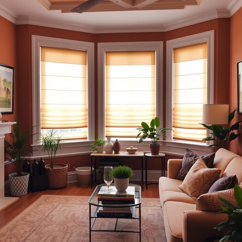 A beautifully decorated living room featuring elegant window blinds