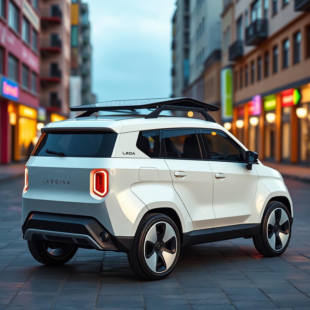 A modern electric car inspired by the classic design of the Lada Niva, featuring a sleek and compact body with sharp angles and a minimalistic aesthetic