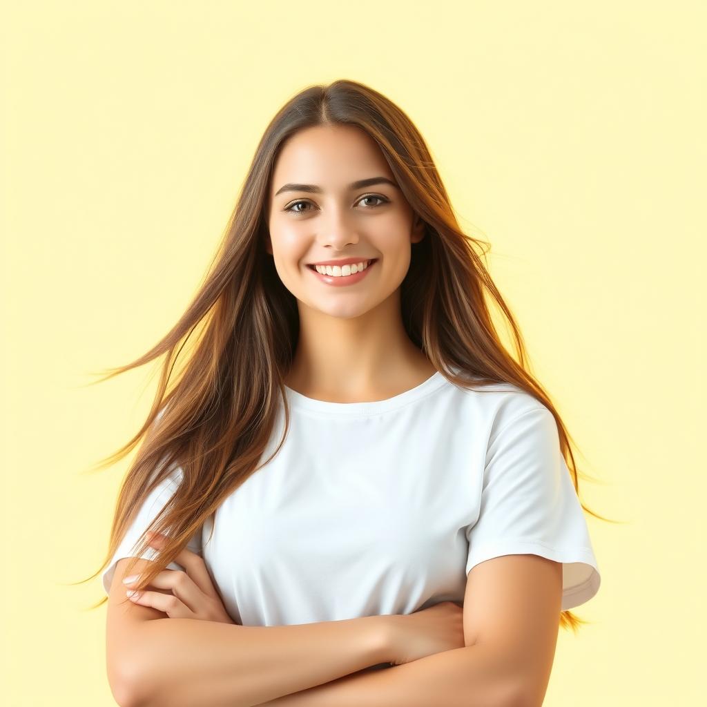 A confident young woman standing with her arms crossed, wearing a plain white t-shirt