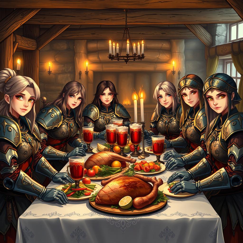An all-girl family of warriors sitting around a dinner table, dressed in intricately designed armor