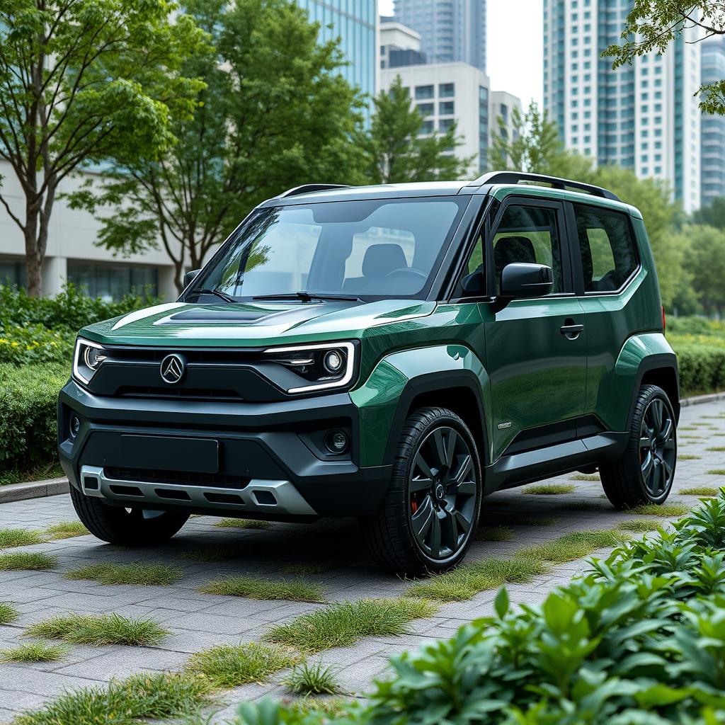 A modern electric car design inspired by the iconic Lada Niva, featuring a robust and compact shape with a futuristic twist