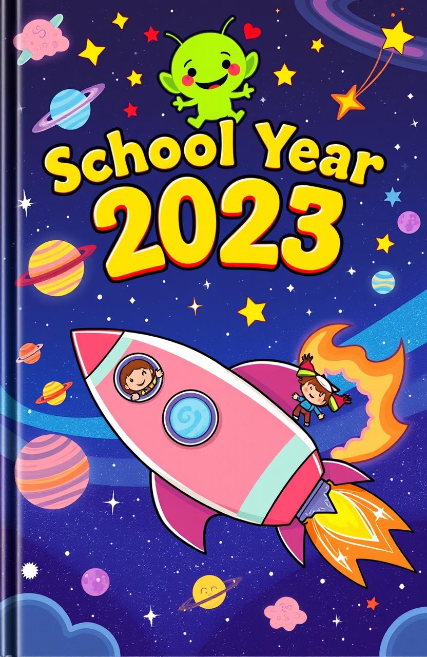 A colorful yearbook cover themed around outer space, featuring a cartoonish rocket ship blasting off into a starry sky filled with planets, comets, and galaxies