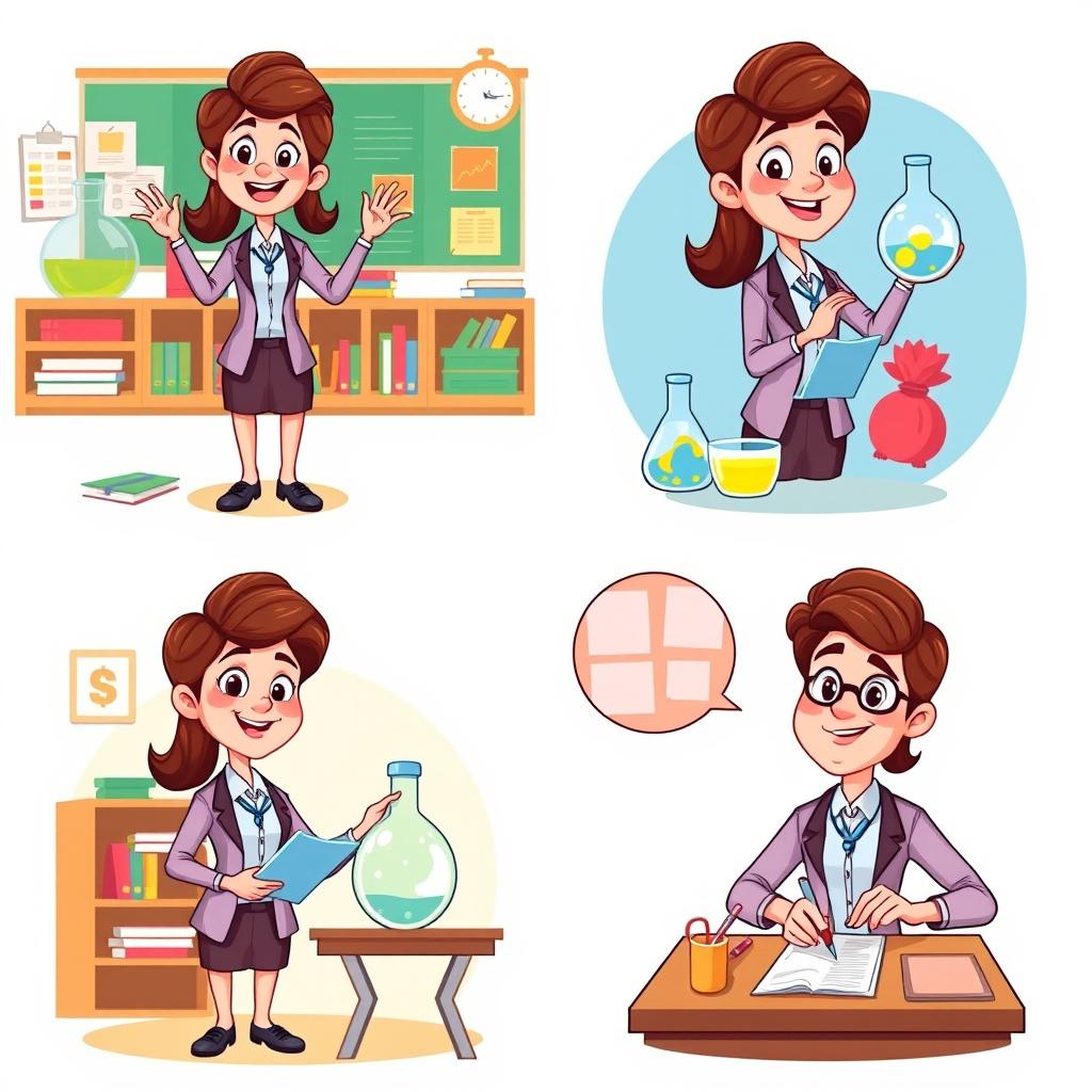 A cartoon teacher character in various poses and expressions
