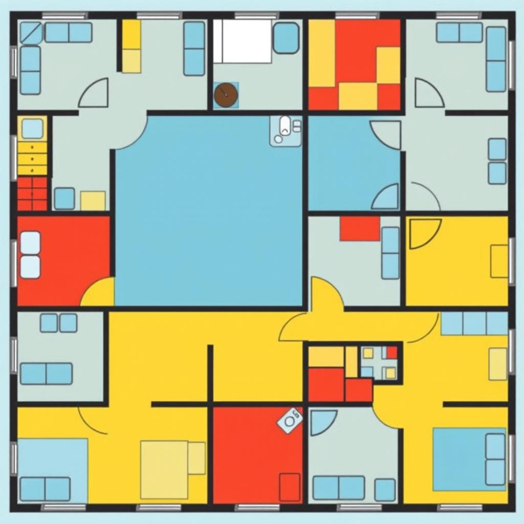 An abstract floorplan design composed entirely of squares, featuring a variety of shapes and configurations