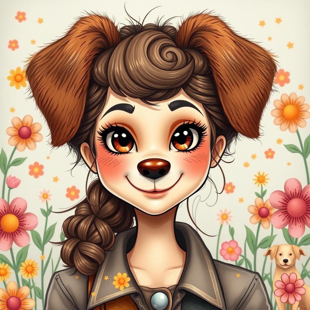 A whimsical artistic rendering of a woman with canine facial features, blending human and dog aspects