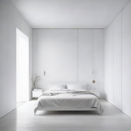 A minimalistic, aesthetically pleasing white room featuring a large bed, an expansive wardrobe partition, and a bathroom divided into dry and wet areas.