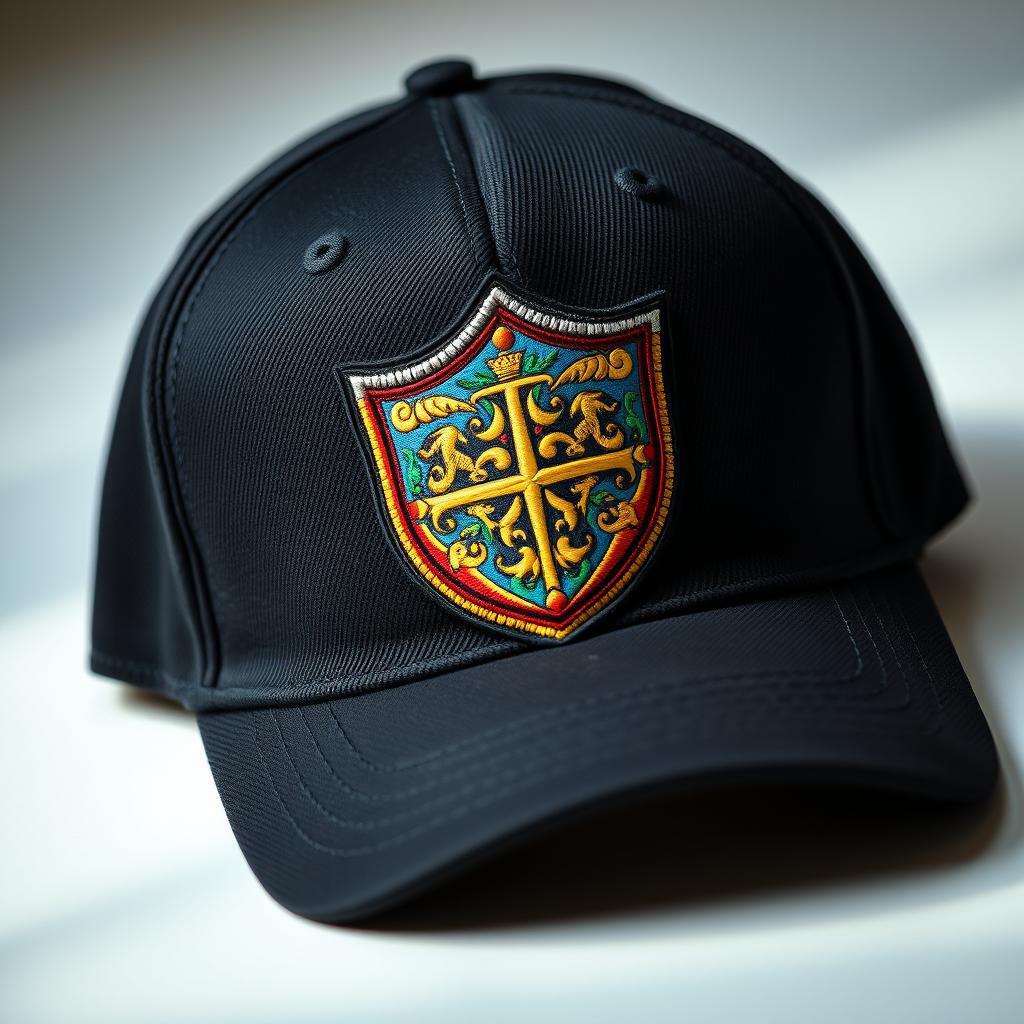 A black baseball cap featuring a prominently displayed emblem