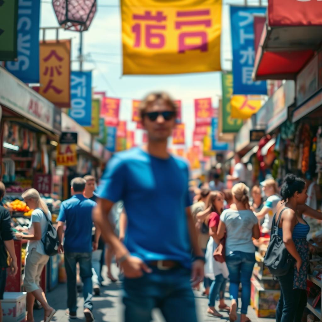 A bustling marketplace scene filled with colorful stalls selling various goods, with a vibrant crowd of shoppers engaged in conversation and buying items