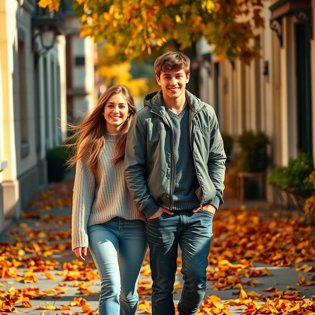 A realistic scene of a young couple walking together on a picturesque street with vibrant autumn leaves scattered on the ground