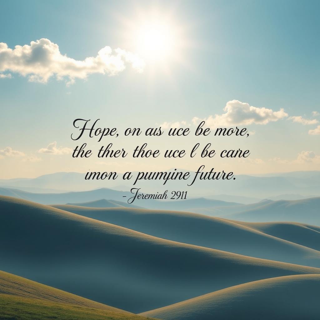 A beautifully designed image featuring the text of Jeremiah 29:11, surrounded by a serene and inspiring background, such as a tranquil landscape with gentle rolling hills and a bright, hopeful sky