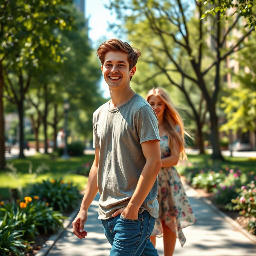 A realistic scene of a young couple walking together in a serene urban park