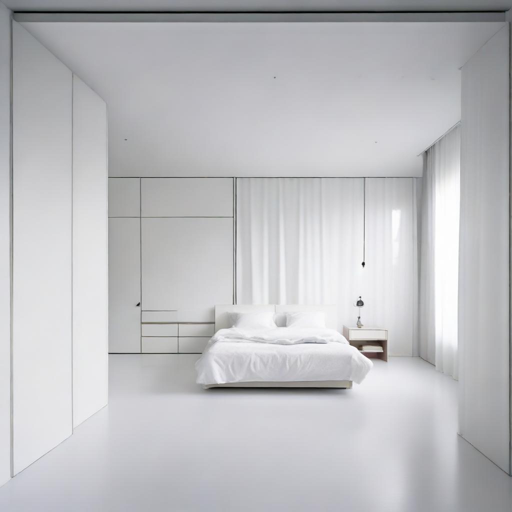 A minimalistic, aesthetically pleasing white room featuring a large bed, an expansive wardrobe partition, and a bathroom divided into dry and wet areas.