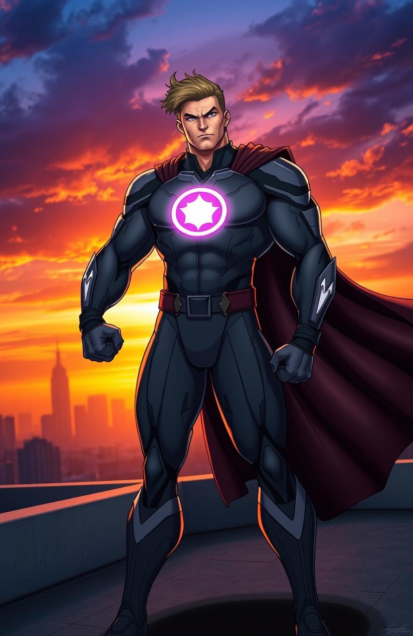 A dynamic superhero character with a muscular build, wearing a sleek, high-tech suit featuring a glowing emblem on the chest symbolizing indomitable will