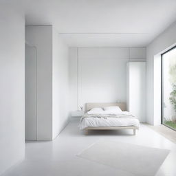 A minimalistic, aesthetically pleasing white room featuring a large bed, an expansive wardrobe partition, and a bathroom divided into dry and wet areas.