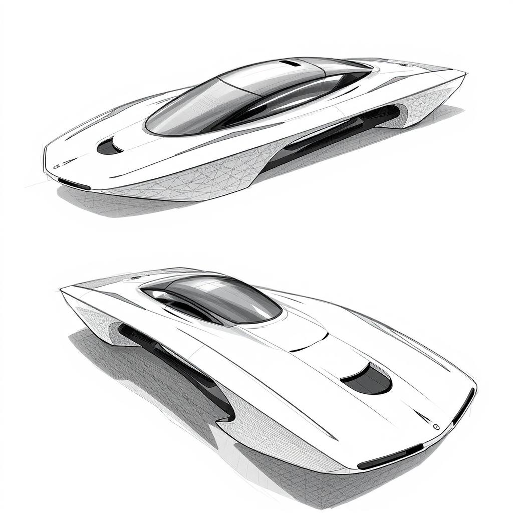 Concept sketches of an electric boat, illustrated in sharp black and white graphics with elements drawn in blue pencil