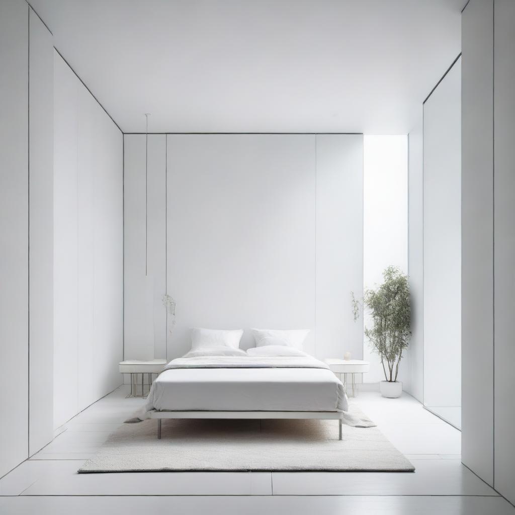 A minimalistic, aesthetically pleasing white room featuring a large bed, an expansive wardrobe partition, and a bathroom divided into dry and wet areas.