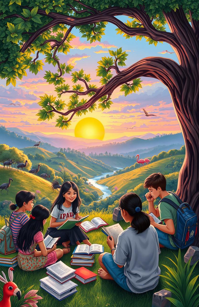 A beautifully illustrated scene that encapsulates the themes of the Class 12 English Flamingo textbook, featuring serene vistas of nature, lush landscapes, and a colorful sunset in the background