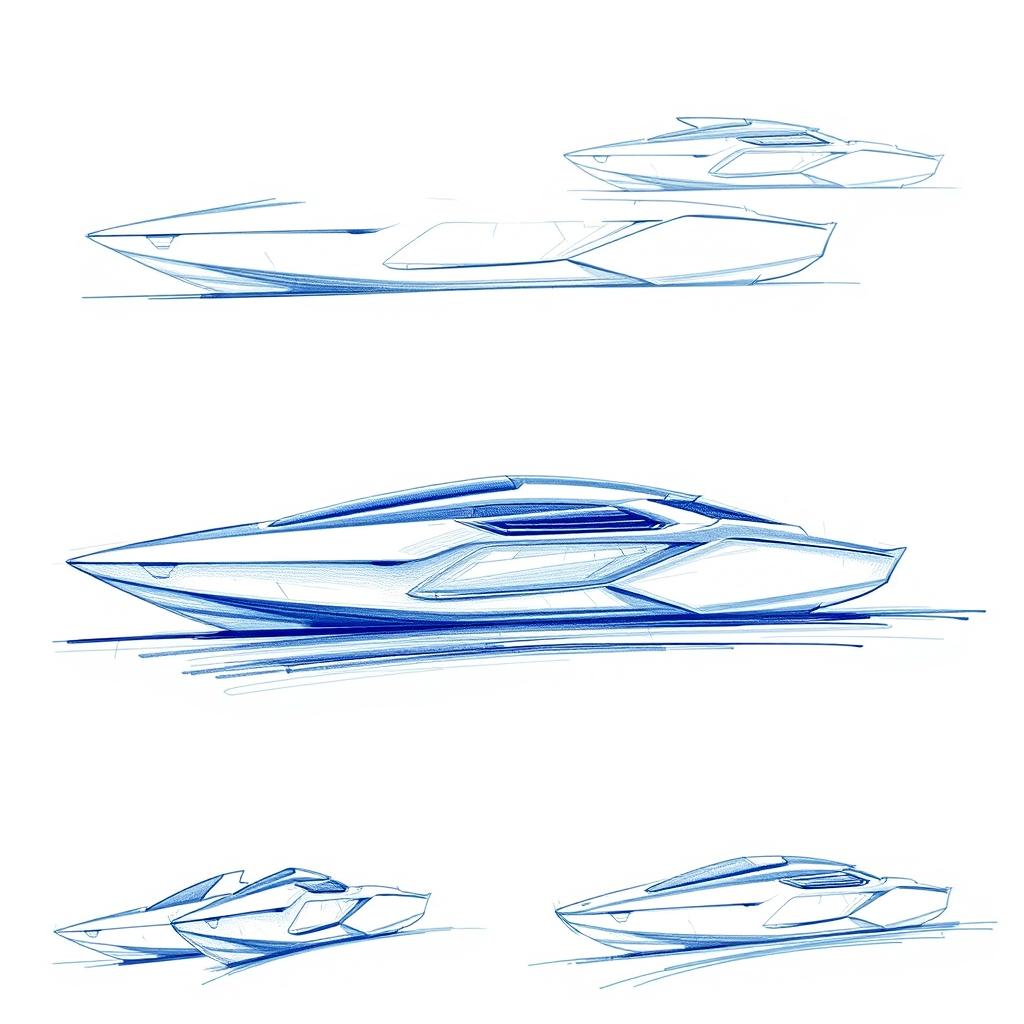 Concept sketches of an electric boat, illustrated in a striking blue and white color scheme using blue pencil