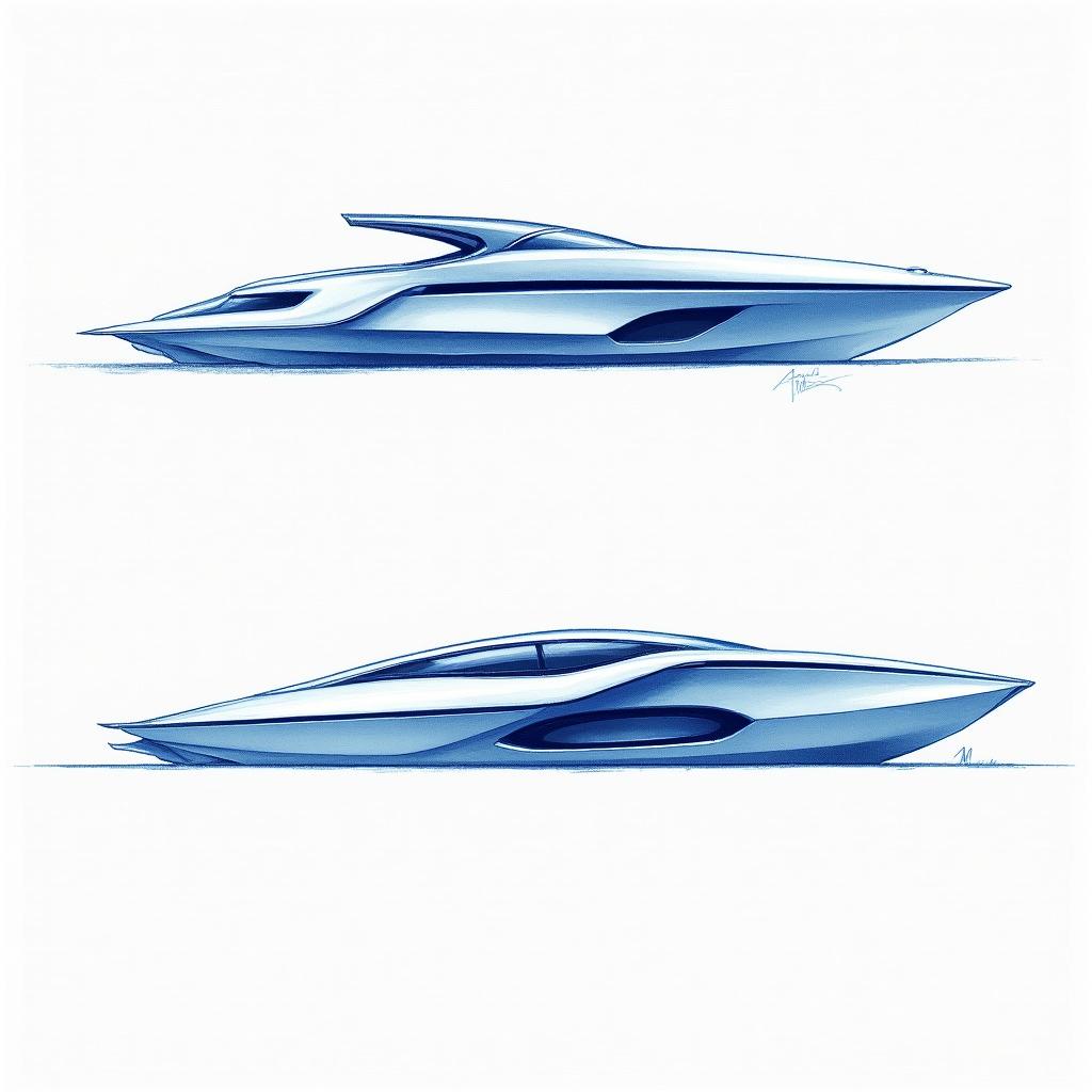 Concept sketches of an electric boat, illustrated in a distinctive blue and white graphic style using blue pencil