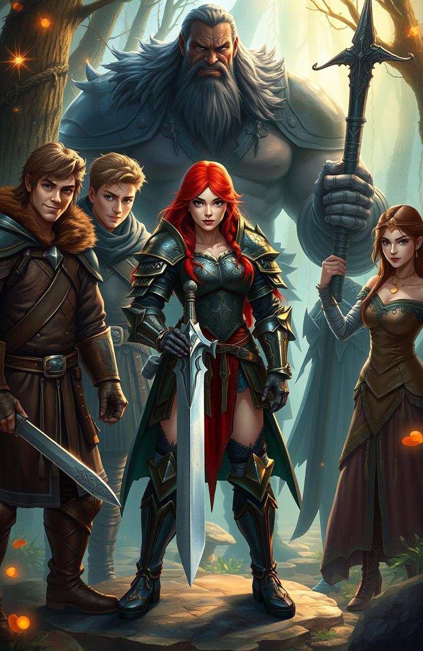 A captivating fantasy scene depicting a fierce red-haired female warrior, standing confidently in her battle armor, surrounded by her intriguing companions
