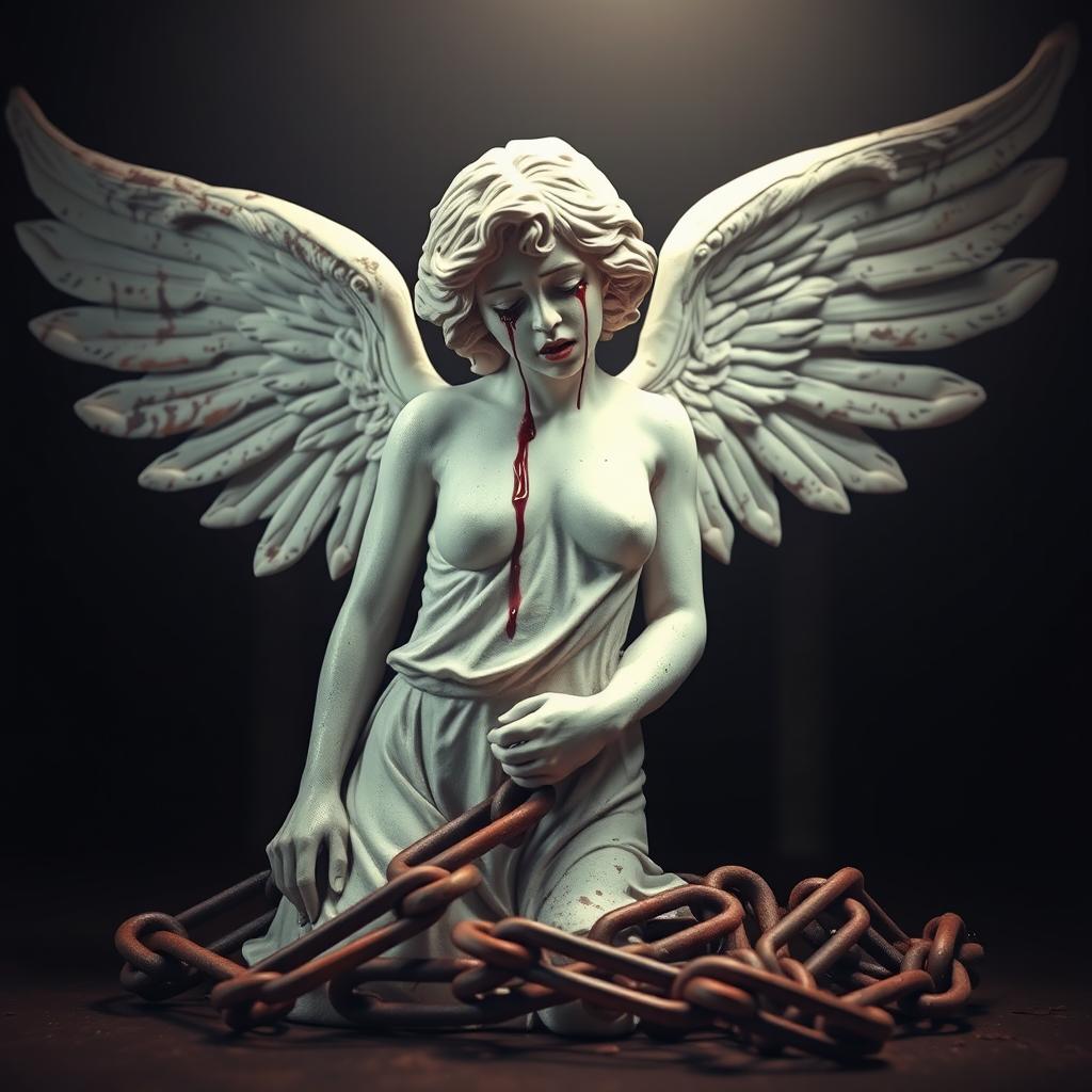 A dramatic and surreal statue of an angel with blood flowing from its eyes, symbolizing sorrow and pain
