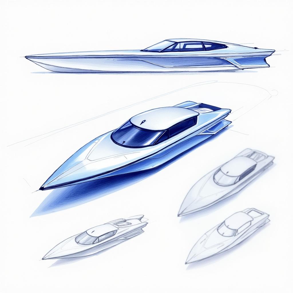 Concept sketches of an electric boat, illustrated in a striking blue and white color scheme using blue pencil