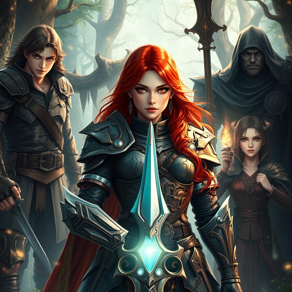 An enchanting fantasy scene showcasing a red-haired female warrior as the centerpiece of a reverse harem, exuding strength and confidence in her intricate battle armor