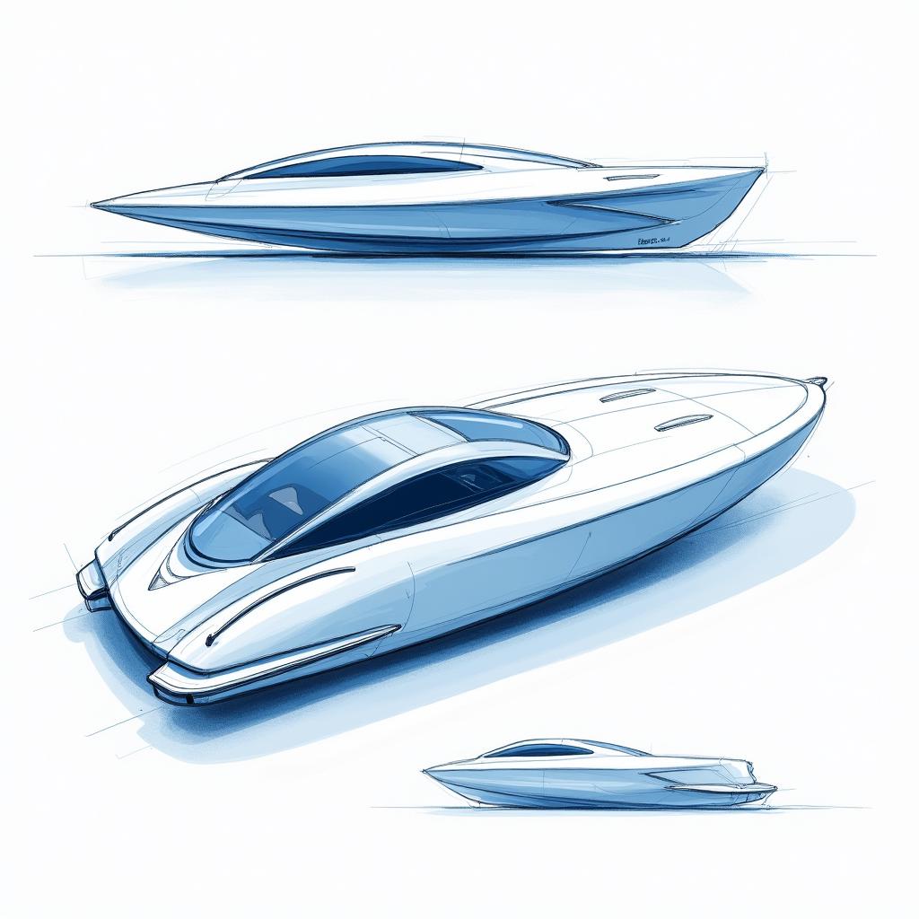 Concept sketches of an electric boat, presented in a striking blue and white graphic style, utilizing blue pencil for detailing