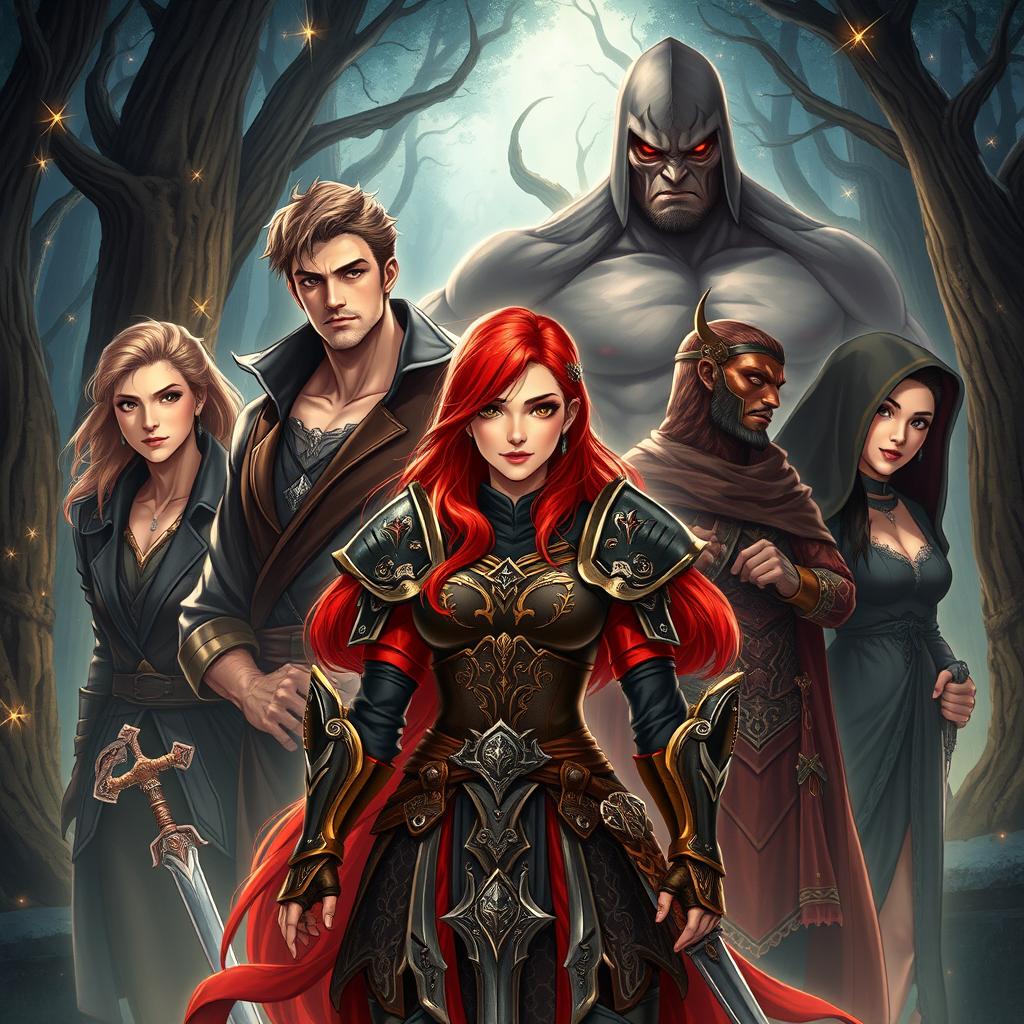 A stunning fantasy illustration featuring a red-haired female warrior as the central figure of a reverse harem romance