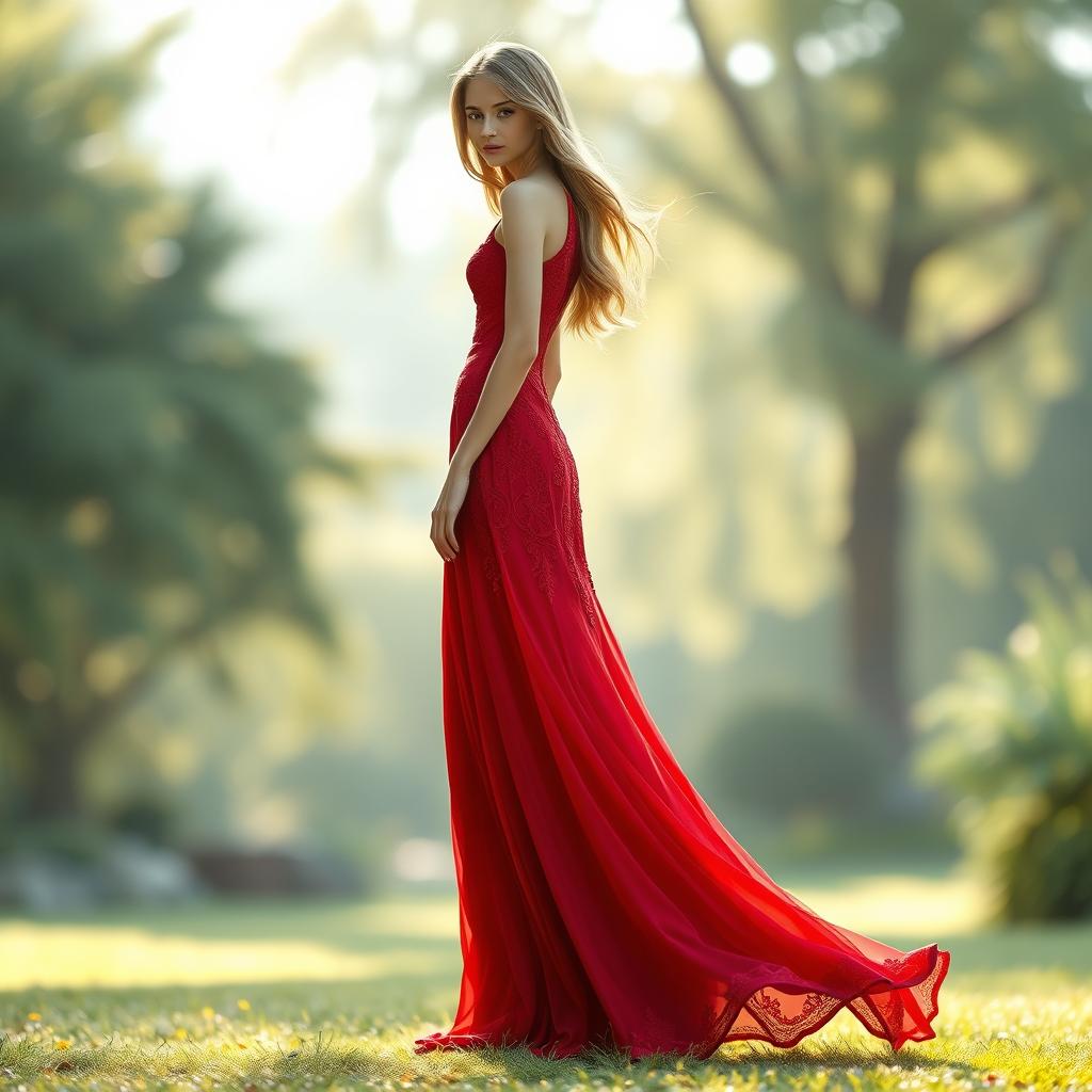 A tall and skinny girl elegantly wearing a stunning long red dress that flows beautifully down to the ground