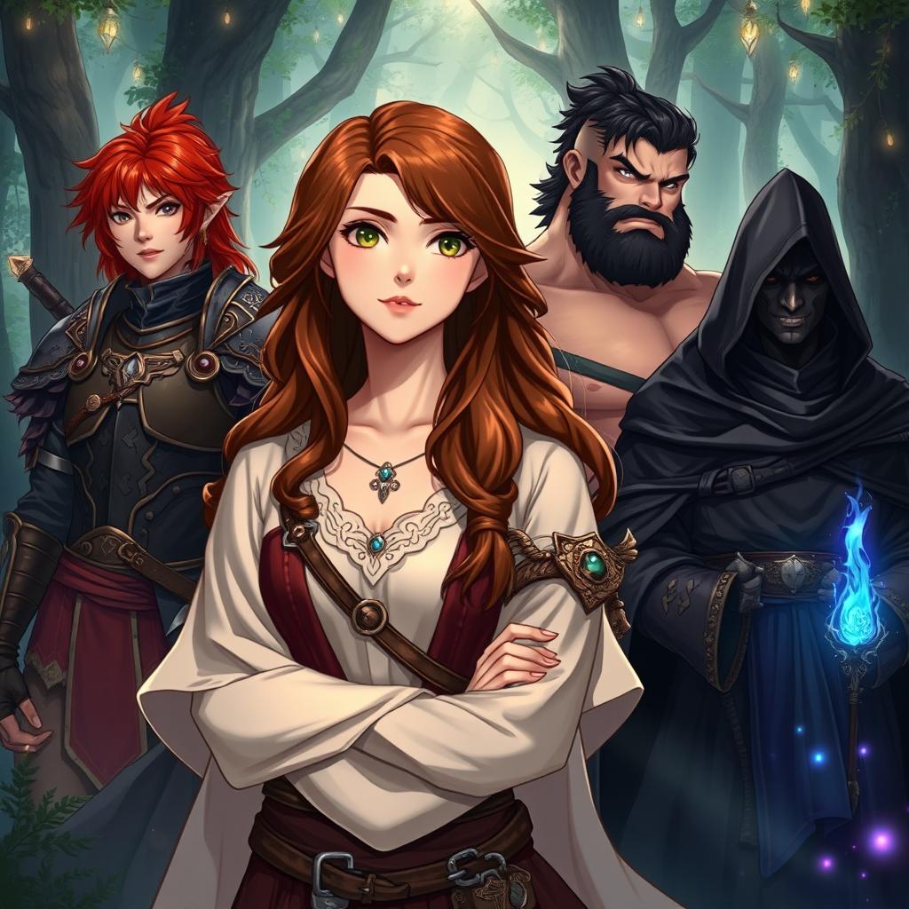 An enchanting fantasy illustration focusing on a brunette female escaped slave healer as the centerpiece of a reverse harem romance