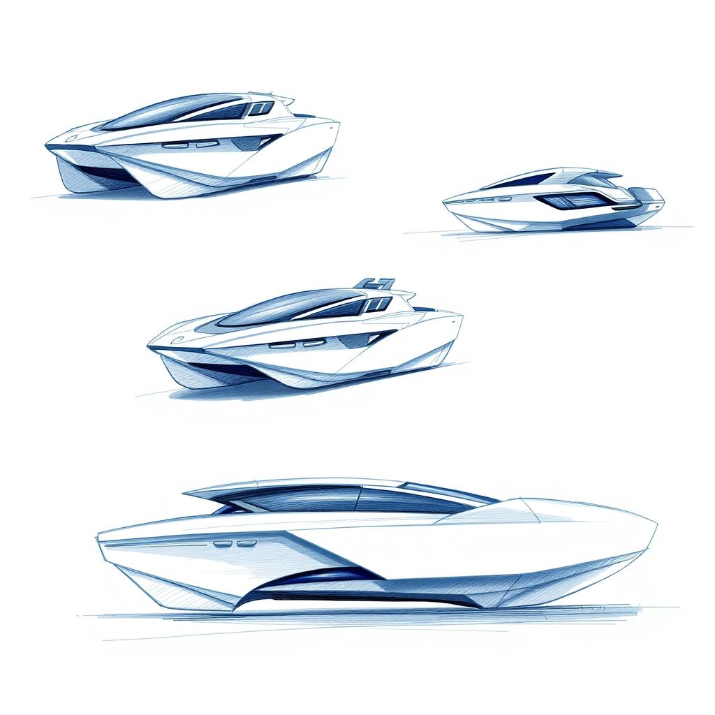 Concept sketches of an electric boat, presented in a captivating blue and white graphic style, using blue pencil for detailed lines