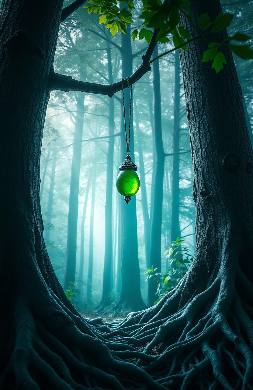 A mystical forest scene featuring a vibrant green pendant hanging from a tree branch, surrounded by mesmerizing deep blue roots that intertwine around the base of tall, dark black trees with intricate bark textures