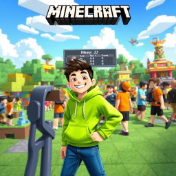 A vibrant Minecraft lobby featuring characters named Mikey and JJ