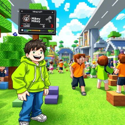 A vibrant Minecraft lobby featuring characters named Mikey and JJ