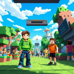 A vibrant Minecraft lobby featuring characters named Mikey and JJ
