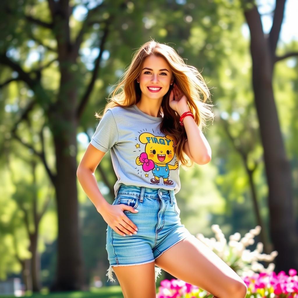 A beautiful woman wearing denim shorts and a casual t-shirt, playfully posing in a sunny park