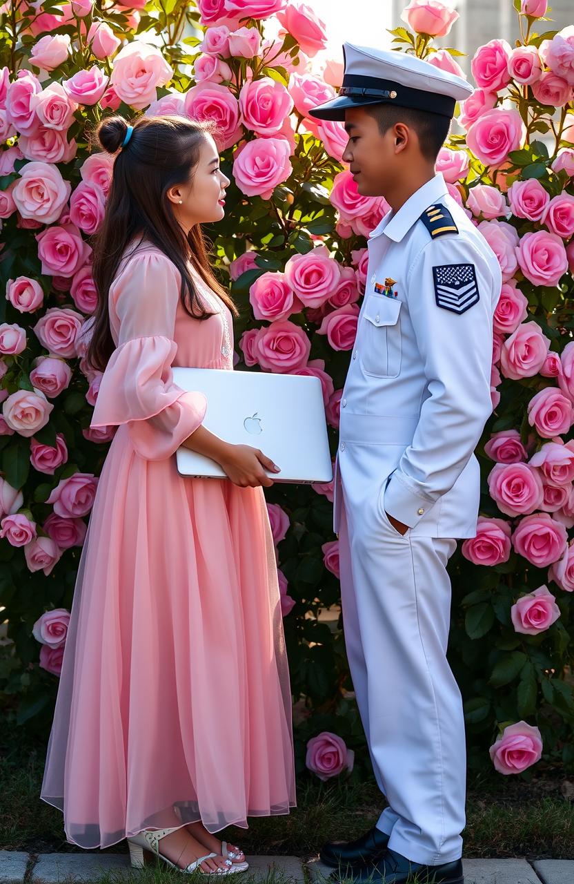 A girl in a flowing, pastel-colored dress holding a laptop in her hand, gazing intently at a boy dressed in a crisp Air Force uniform