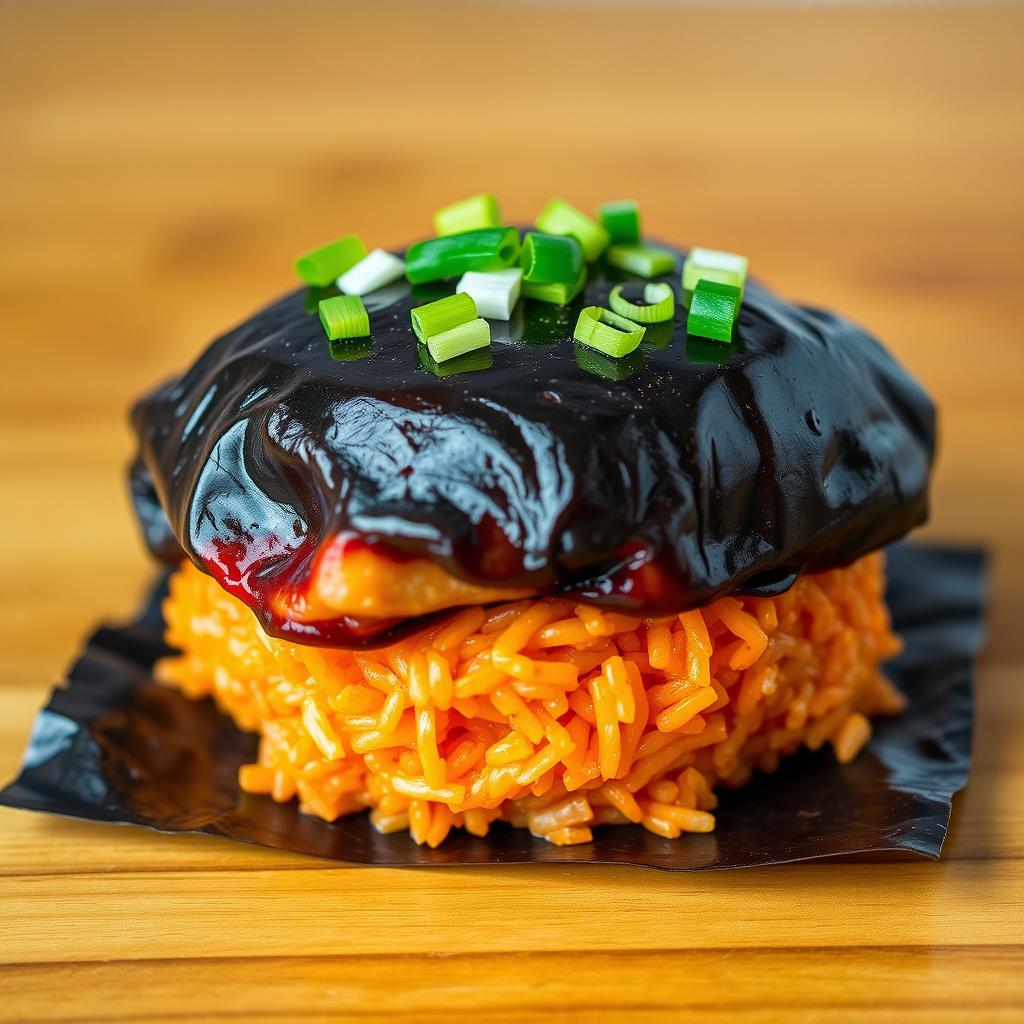 A delicious Spam musubi featuring a unique twist of kimchi rice instead of traditional sushi rice