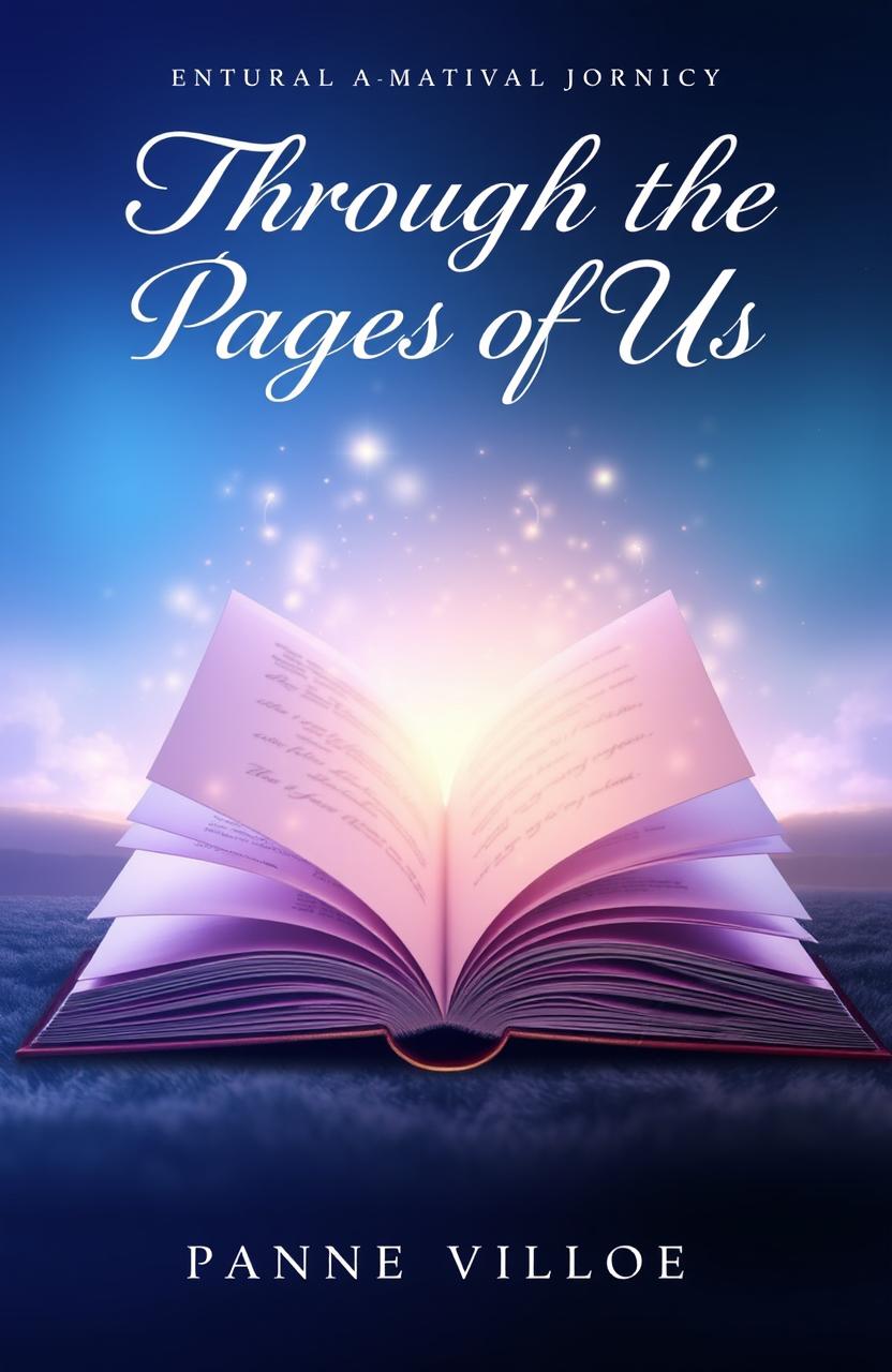 A book cover design titled 'Through the Pages of Us' featuring a magical and romantic theme