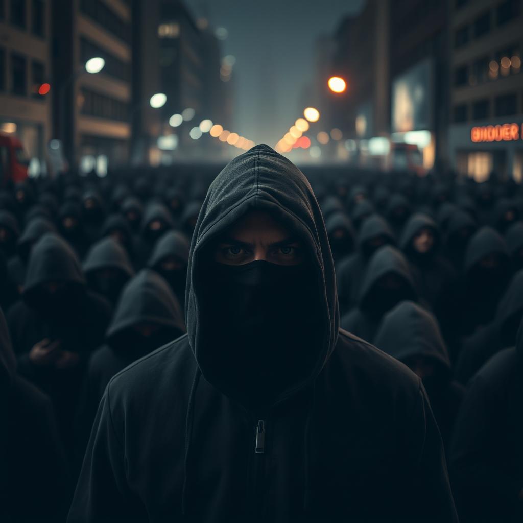 Create an image of a mysterious hooded figure wearing a black face mask in the foreground, staring intensely into the distance