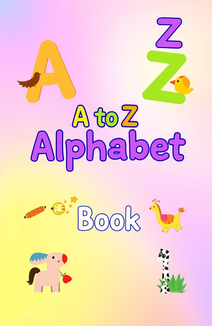 A vibrant and colorful book cover design for an A to Z alphabet book, featuring each letter of the alphabet decorated with fun and playful illustrations that correspond to words starting with each letter