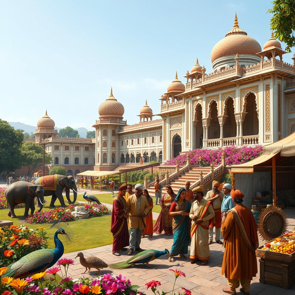 A vibrant historical scene set in India during the year 1550, depicting a majestic Mughal palace surrounded by lush gardens filled with exotic flowers